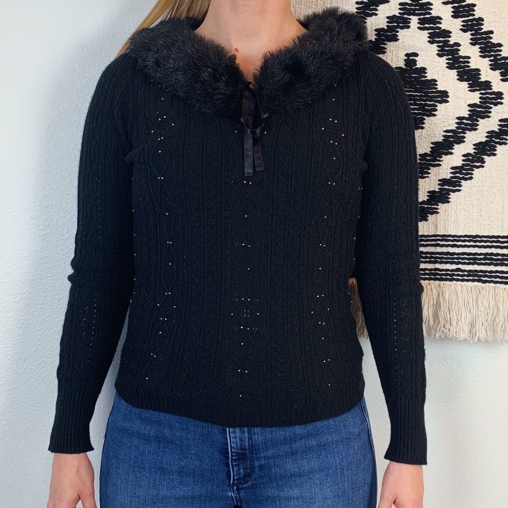 Vintage 90s Sweater Fitted Faux Fur Collar
